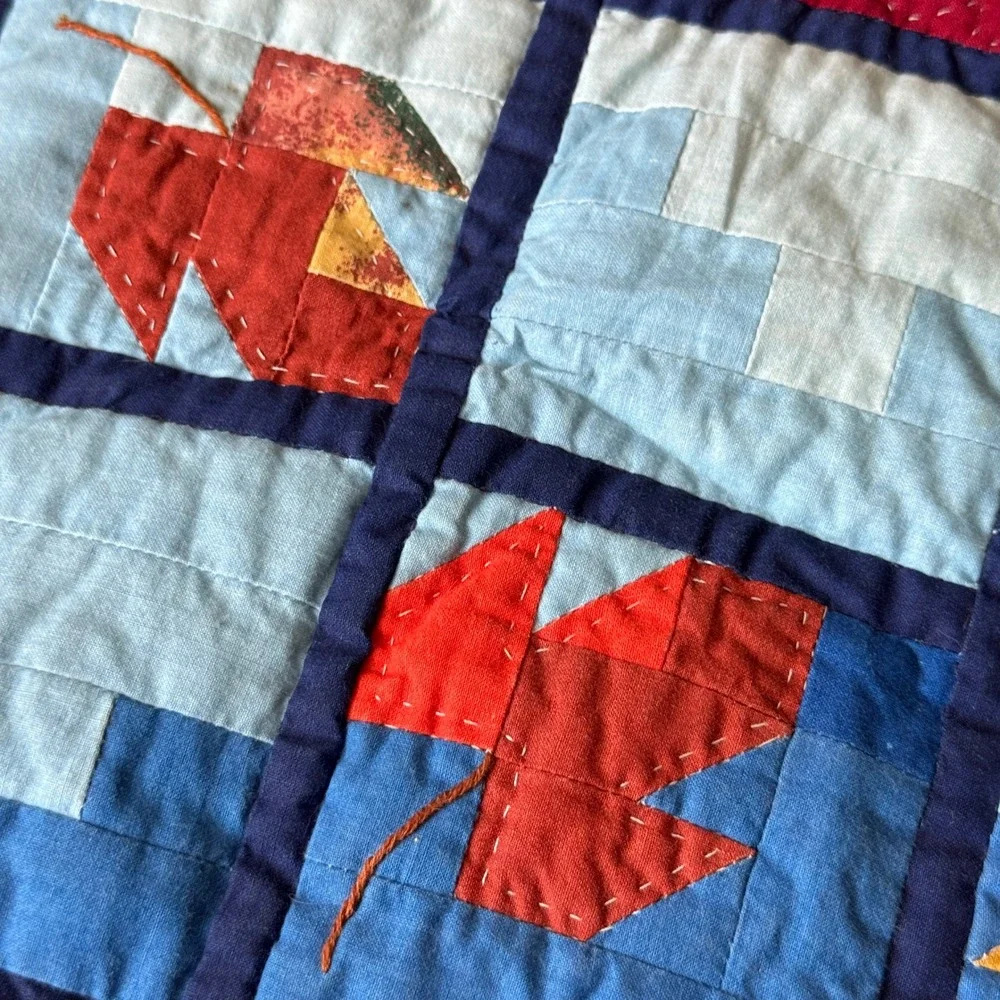 Handmade Quilted Autumn Leaf Wall Hanging Blue Red Fall Patchwork Folk Art Decor
